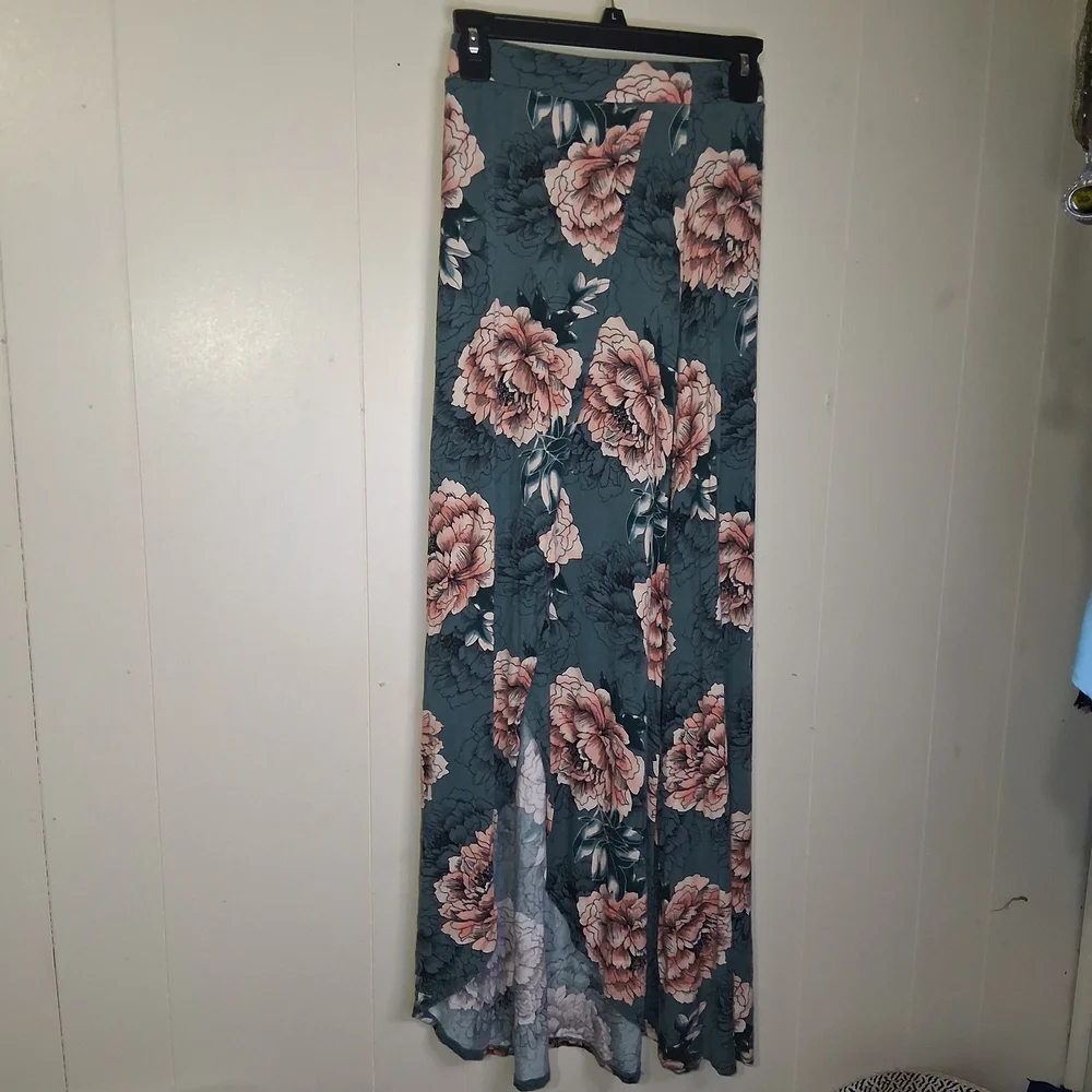 Floral Maxi Skirt in Teal with Blush Pink Blooms - Picture 1 of 4